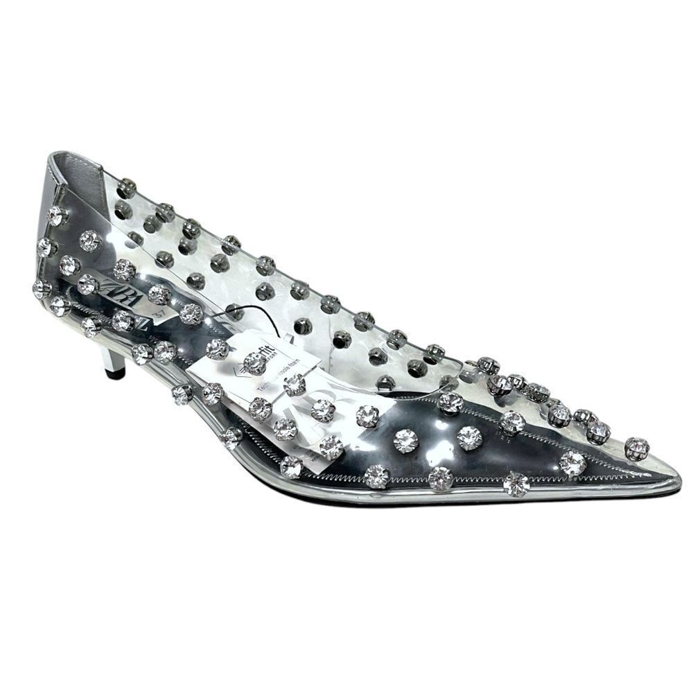 NWT ZARA Clear Vinyl Rhinestone Embellishments Pointed Toe Kitten Heels 37 - Picture 2 of 12